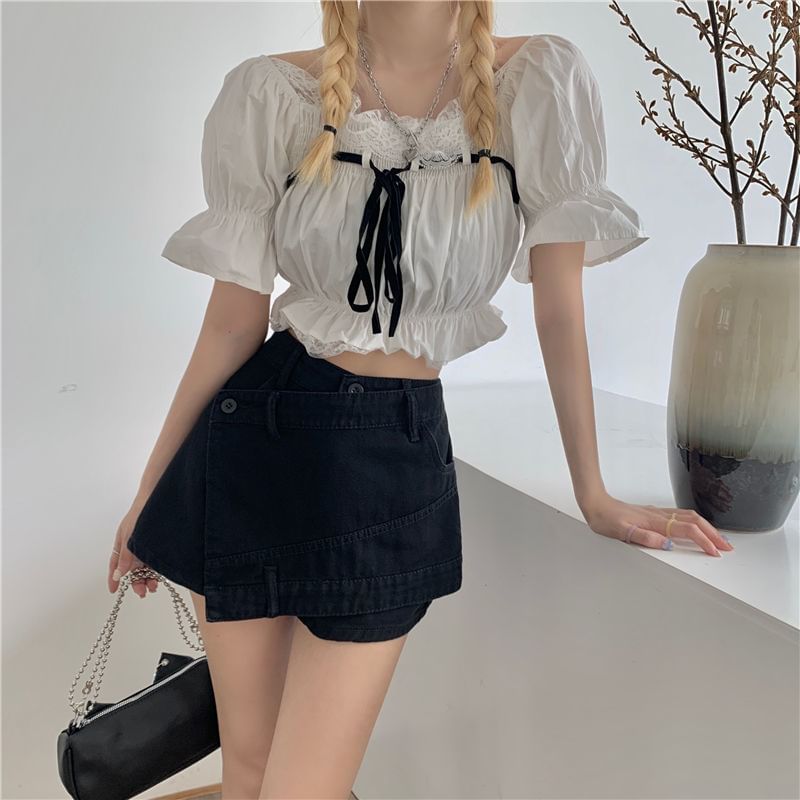 Skort Asymmetrical Waist Denim High