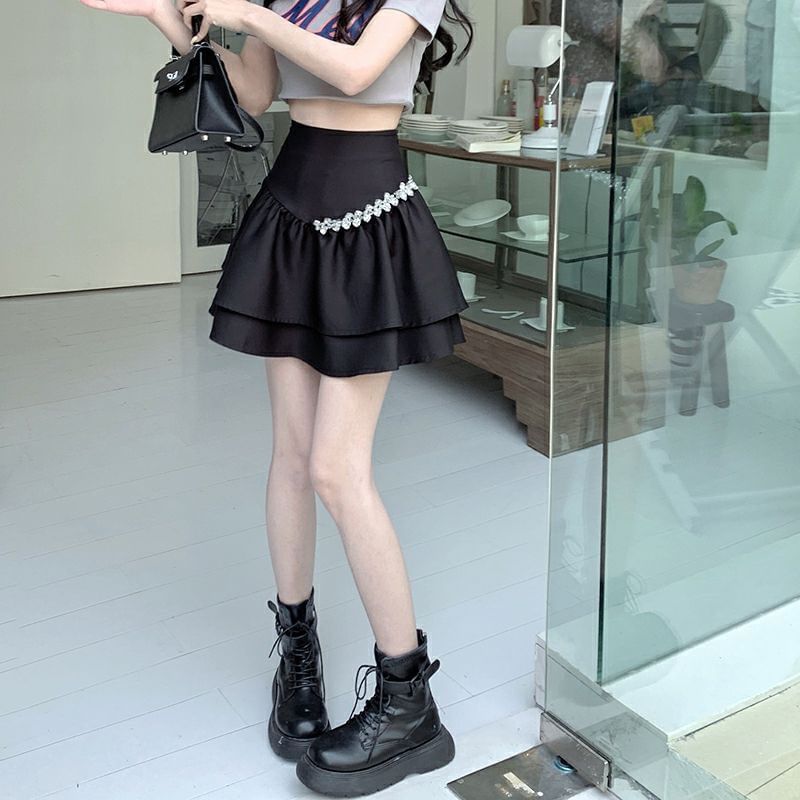 A-Line Rise Plain High Rhinestone Skirt Mini