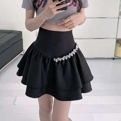 A-Line Rise Plain High Rhinestone Skirt Mini