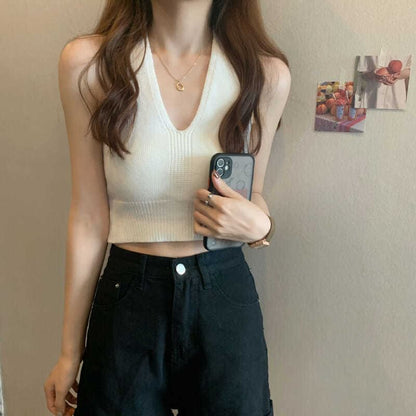 Knit Top V-Neck Halter Cropped Plain