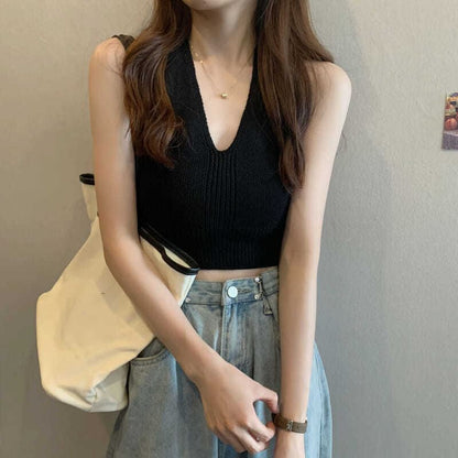 Knit Top V-Neck Halter Cropped Plain