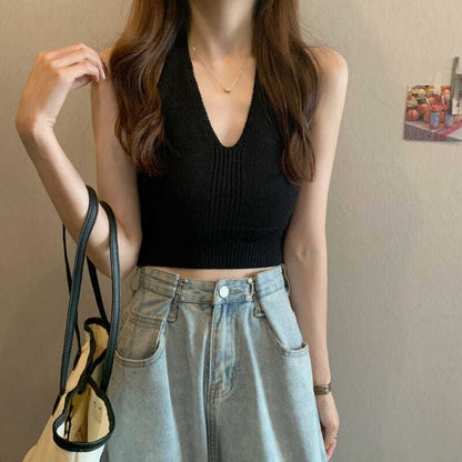 Knit Top V-Neck Halter Cropped Plain