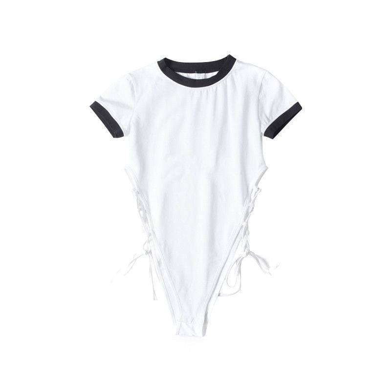 Plain Bodysuit Lace-Up Crew Neck Short-Sleeve Top