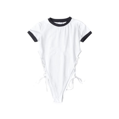 Plain Bodysuit Lace-Up Crew Neck Short-Sleeve Top