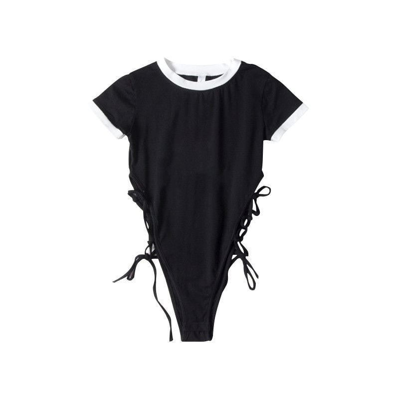 Plain Bodysuit Lace-Up Crew Neck Short-Sleeve Top