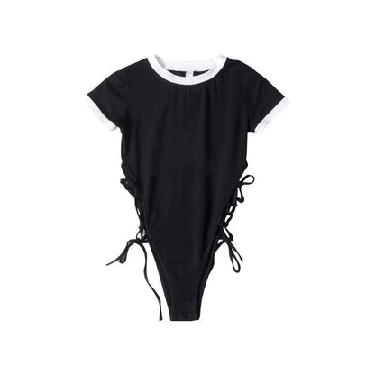 Plain Bodysuit Lace-Up Crew Neck Short-Sleeve Top