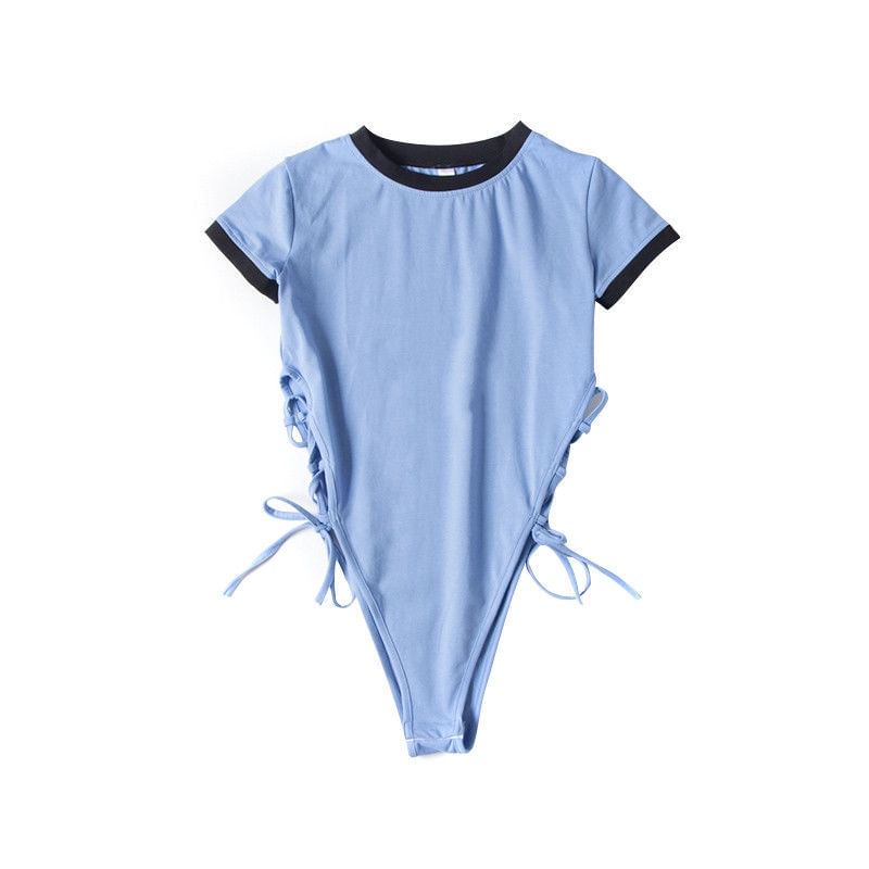 Plain Bodysuit Lace-Up Crew Neck Short-Sleeve Top