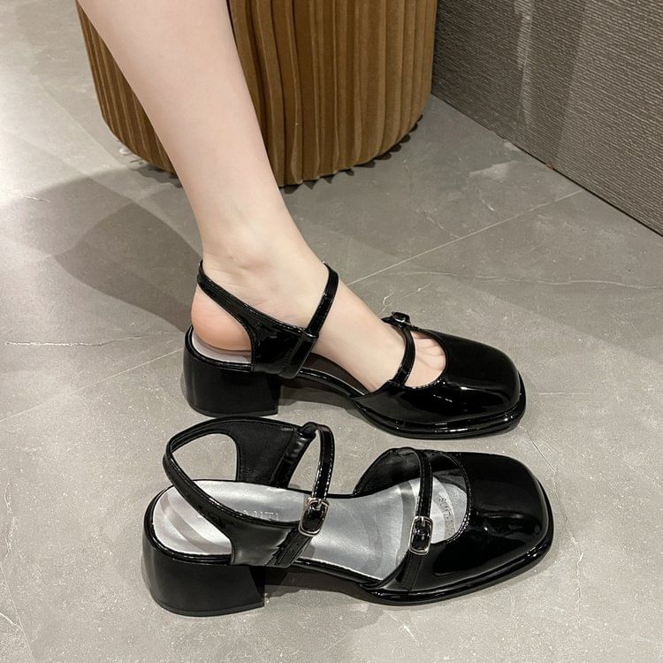 Slingback Toe Block Mary Heel Patent Pumps Square D'Orsay Leather Jane