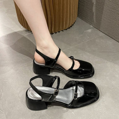 Slingback Toe Block Mary Heel Patent Pumps Square D'Orsay Leather Jane