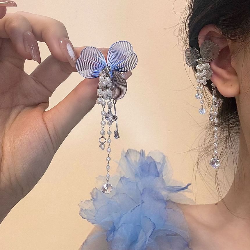 Rhinestone Floral Pearl Ear Cuff Fringed Faux