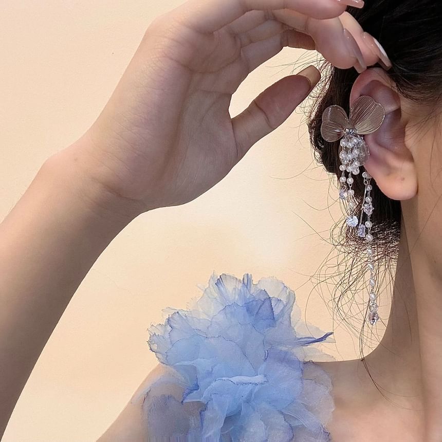 Rhinestone Floral Pearl Ear Cuff Fringed Faux