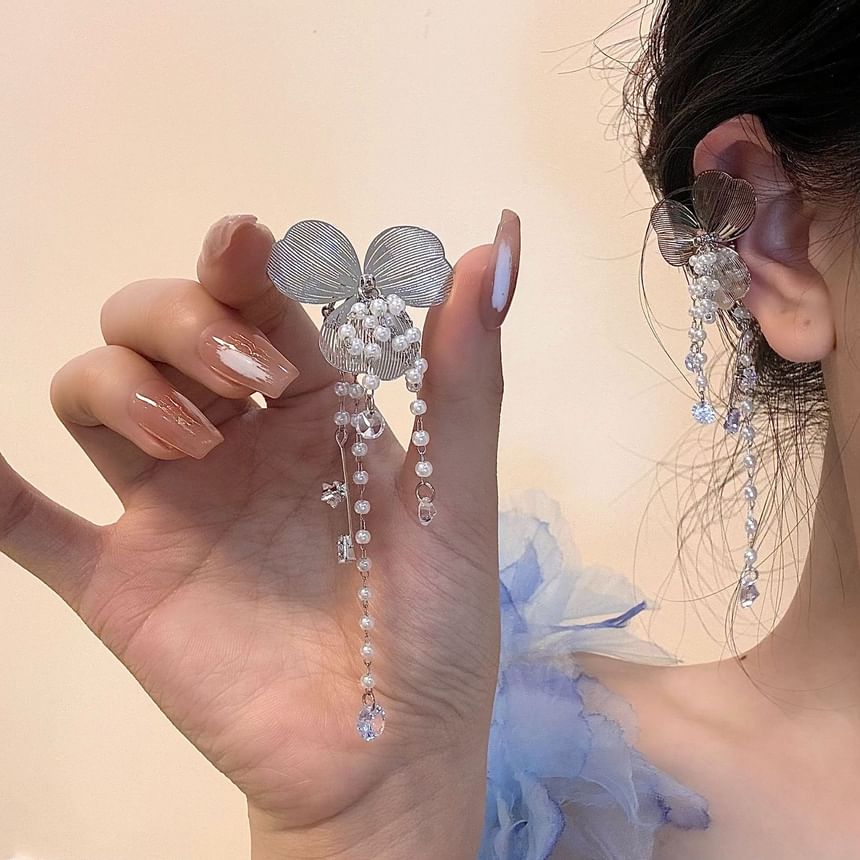 Rhinestone Floral Pearl Ear Cuff Fringed Faux