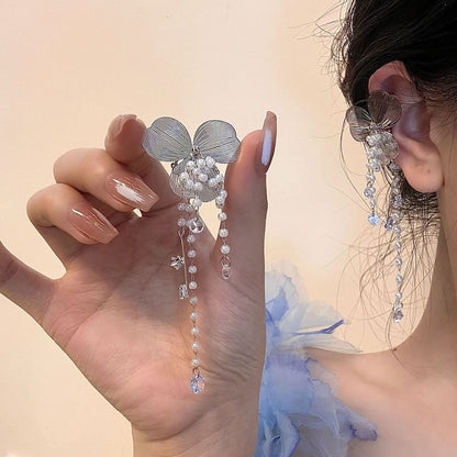 Rhinestone Floral Pearl Ear Cuff Fringed Faux