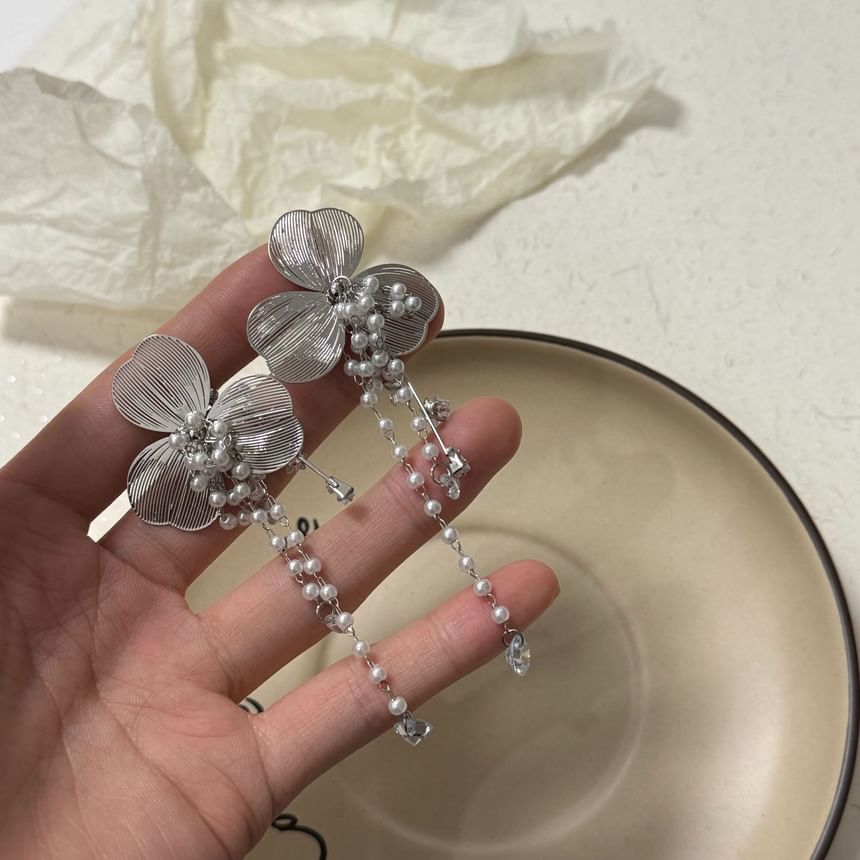 Rhinestone Floral Pearl Ear Cuff Fringed Faux