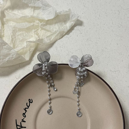 Rhinestone Floral Pearl Ear Cuff Fringed Faux