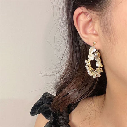 Pearl Faux Fringed Earring Floral Hoop