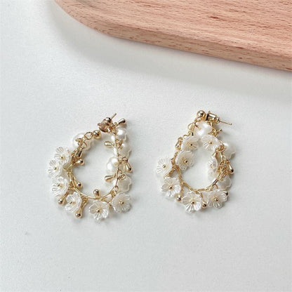 Pearl Faux Fringed Earring Floral Hoop