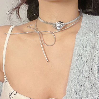 Bow Choker Layered Leather Faux Floral