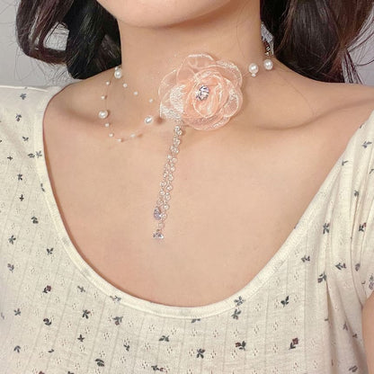 Faux Floral Necklace Pearl Fringed