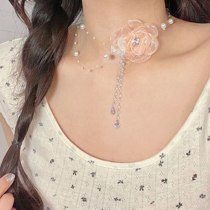 Faux Floral Necklace Pearl Fringed