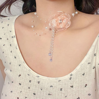 Faux Floral Necklace Pearl Fringed
