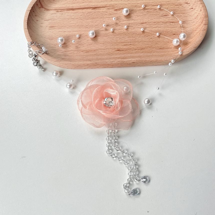 Faux Floral Necklace Pearl Fringed