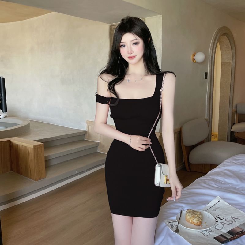 Square Neck Dress Sleeveless Knit Sheath Plain Mini