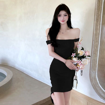 Square Neck Dress Sleeveless Knit Sheath Plain Mini