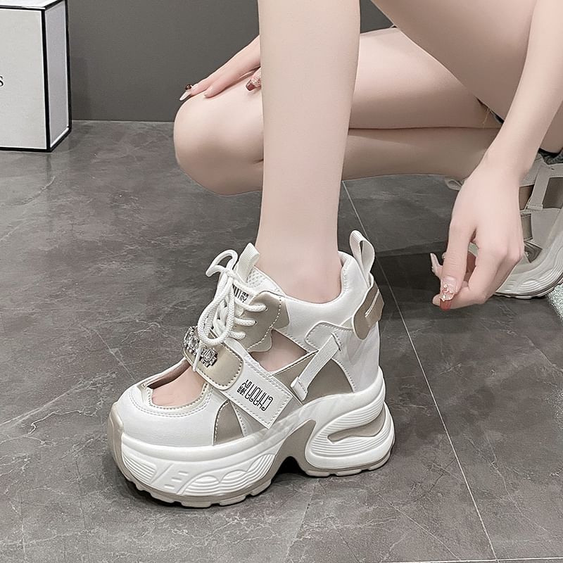 Wedge Hidden Cutout Sneakers Rhinestone Panel Platform