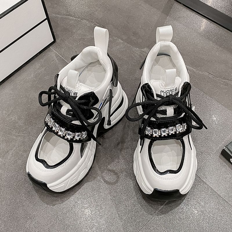 Wedge Hidden Cutout Sneakers Rhinestone Panel Platform