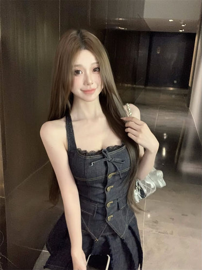 Mid Button-Up Pleated Trim / Mini Low Rise Halter Denim Lace Top
