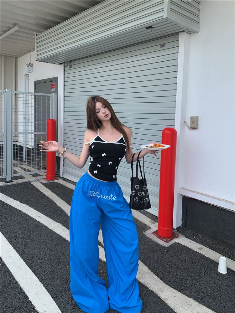 Bow Cami Top / Elastic Waist Plain Wide Leg Pants