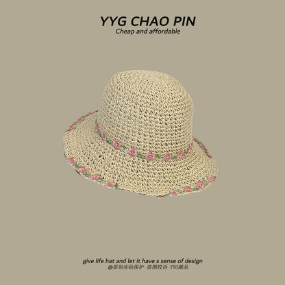 Floral Hat Straw Sun Embroidered