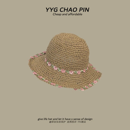 Floral Hat Straw Sun Embroidered