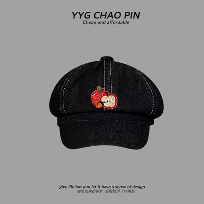 Embroidered Newsboy Cap Apple
