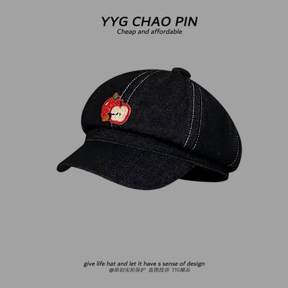 Embroidered Newsboy Cap Apple