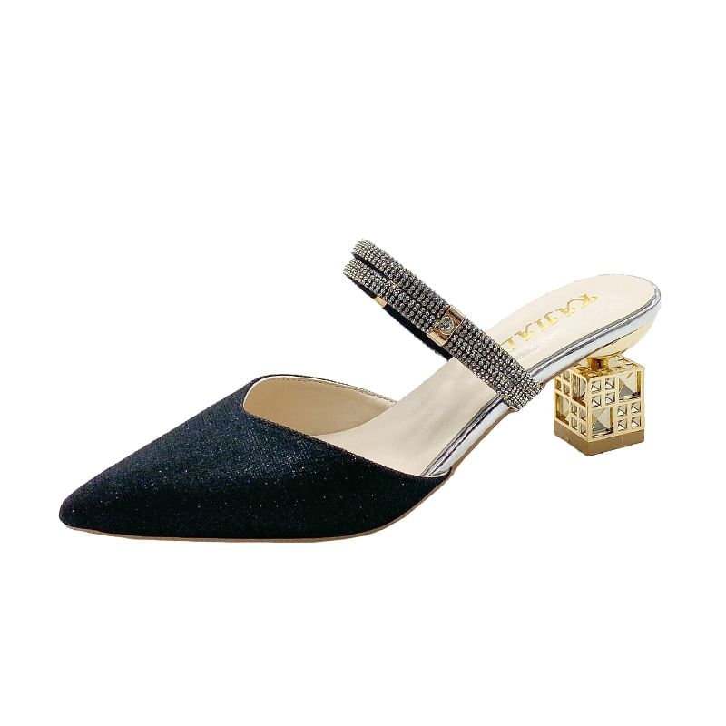 Heel Pointed Mules Rhinestone Block
