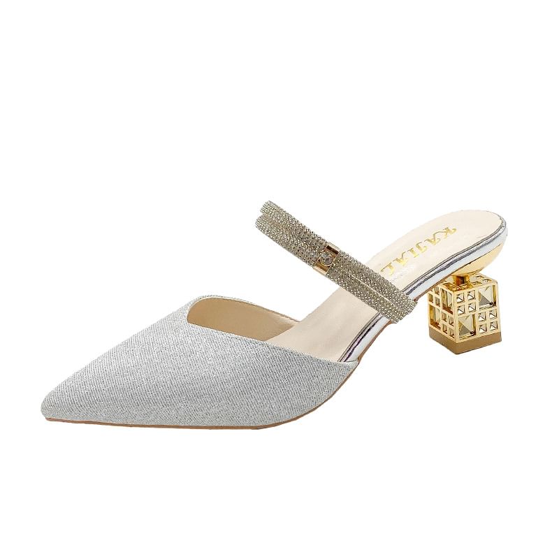 Heel Pointed Mules Rhinestone Block