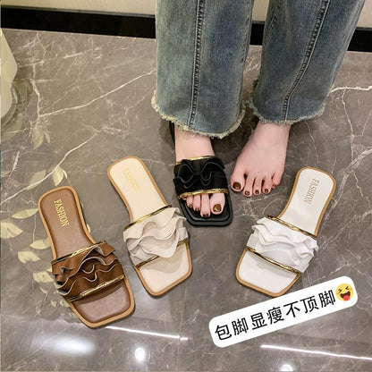 Square Sandals Toe Ruffle Slide