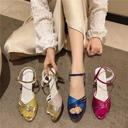 Pointed Heel High Rhinestone Sandals