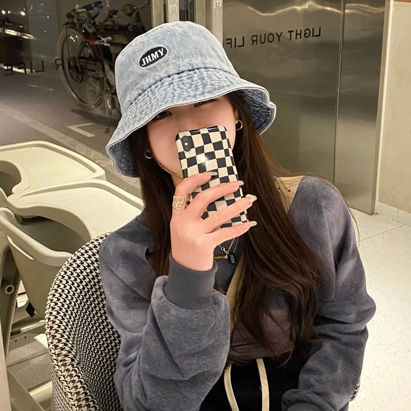 Lettering Hat Washed Embroidered Denim Bucket