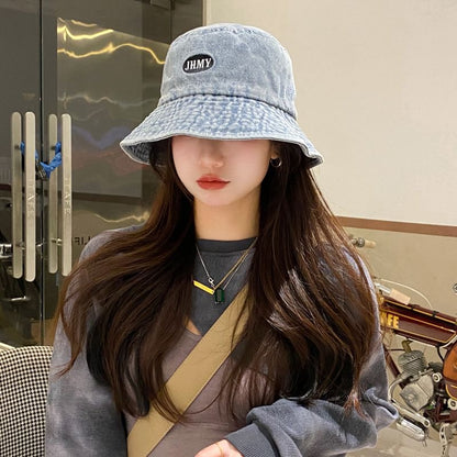 Lettering Hat Washed Embroidered Denim Bucket