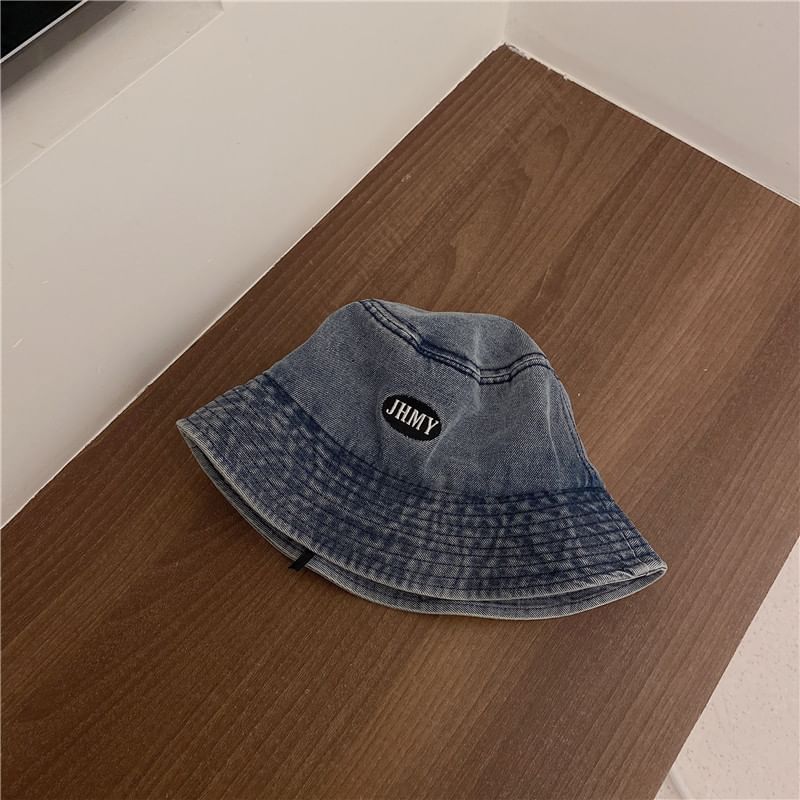 Lettering Hat Washed Embroidered Denim Bucket