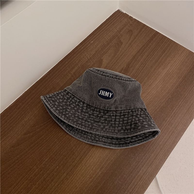 Lettering Hat Washed Embroidered Denim Bucket