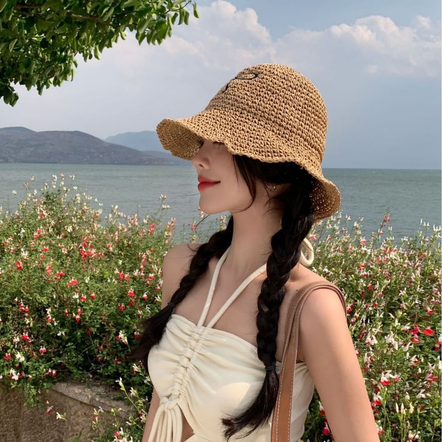 Embroidered Hat Sun Straw Bow