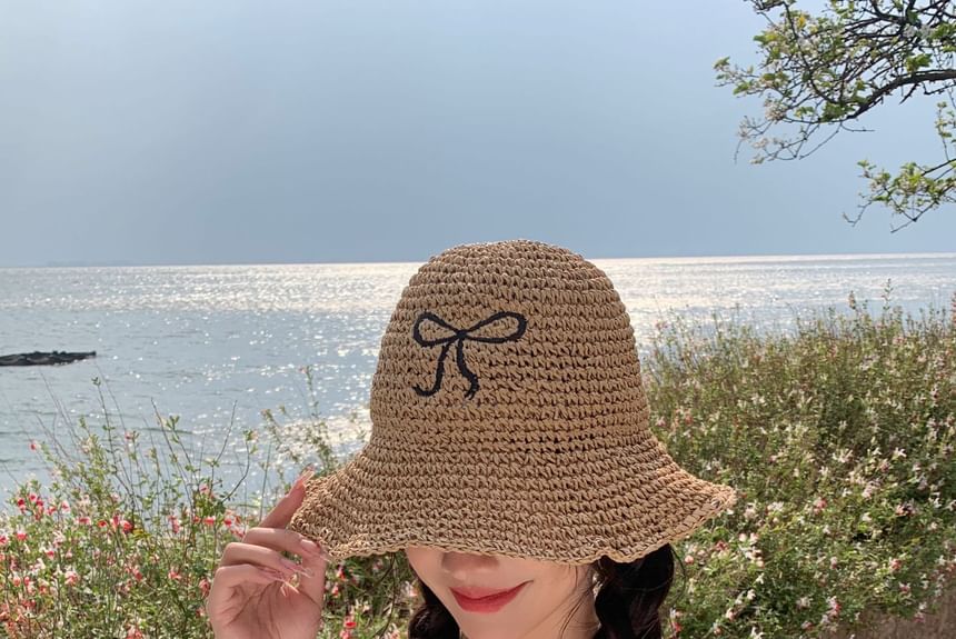 Embroidered Hat Sun Straw Bow