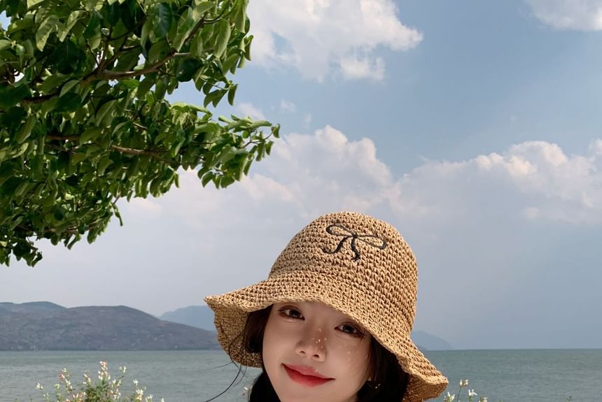 Embroidered Hat Sun Straw Bow