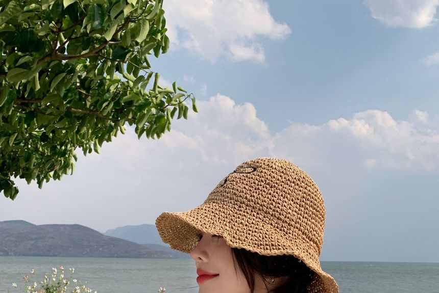 Embroidered Hat Sun Straw Bow