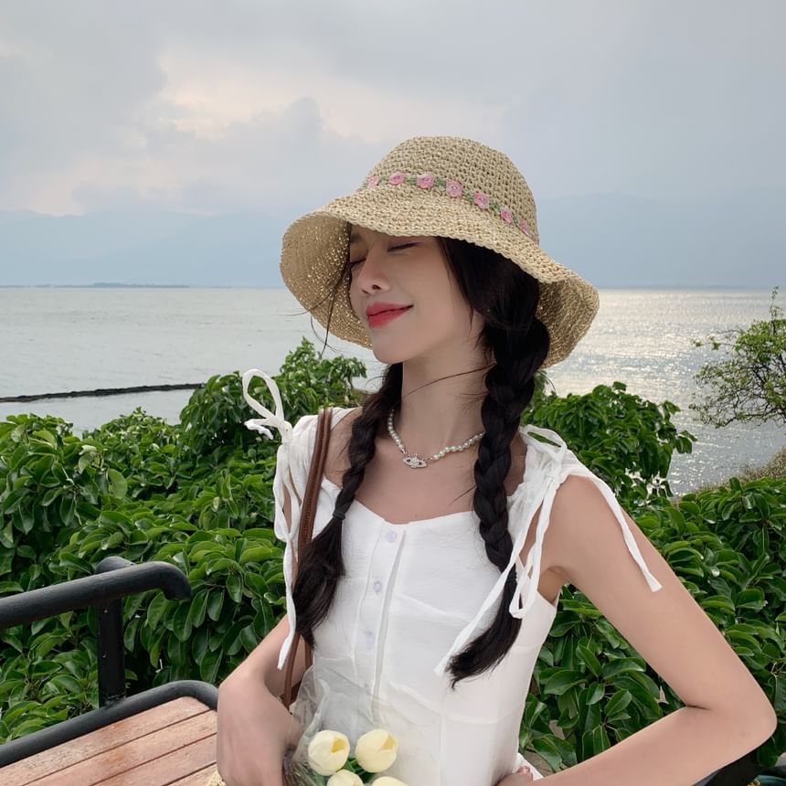 Hat Embroidered Sun Straw Floral
