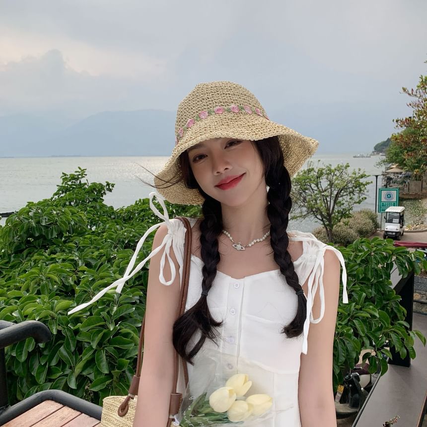 Hat Embroidered Sun Straw Floral